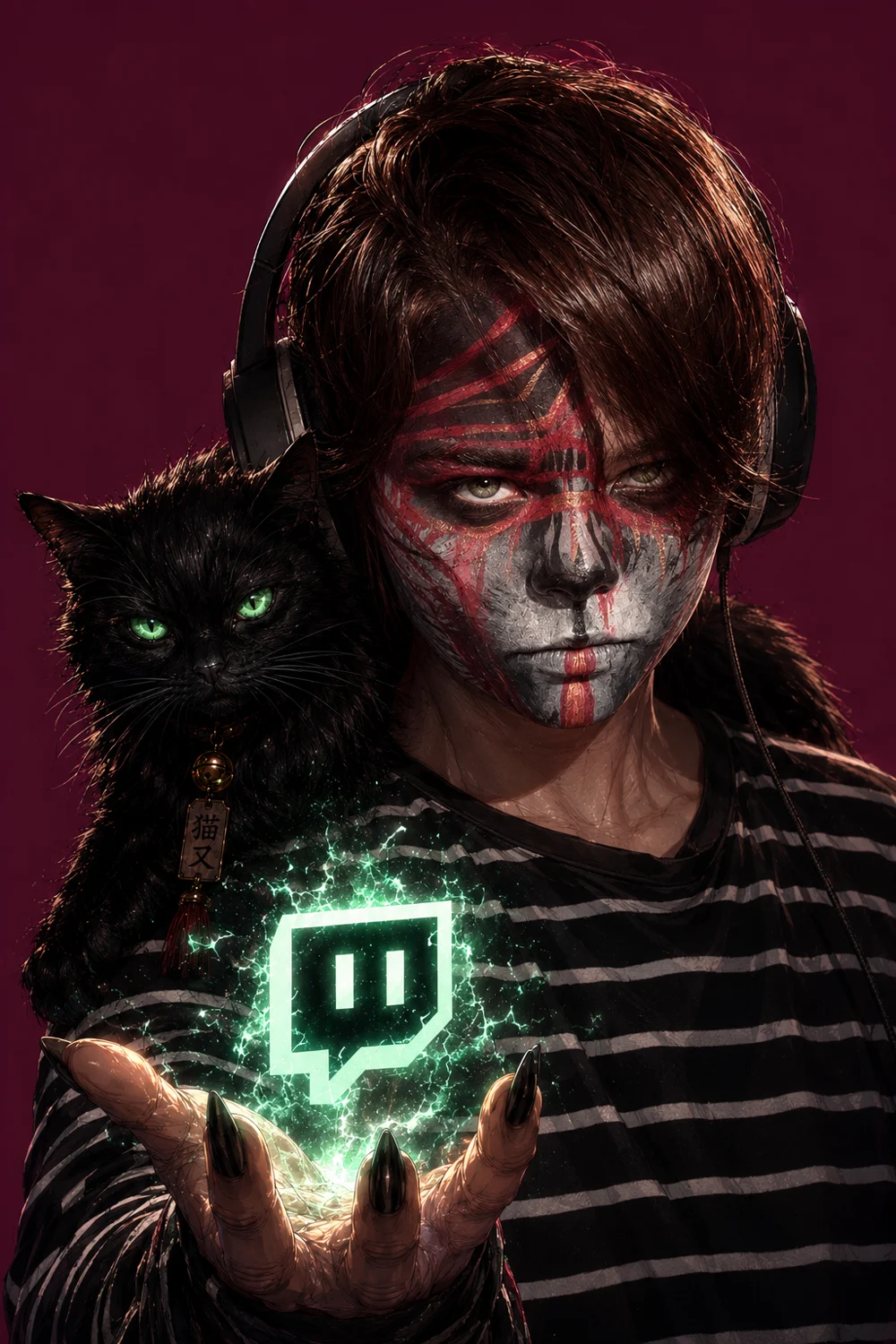 Ritratto illustrato di Eleonora con face painting rosso e nero, cuffie e gatto nero